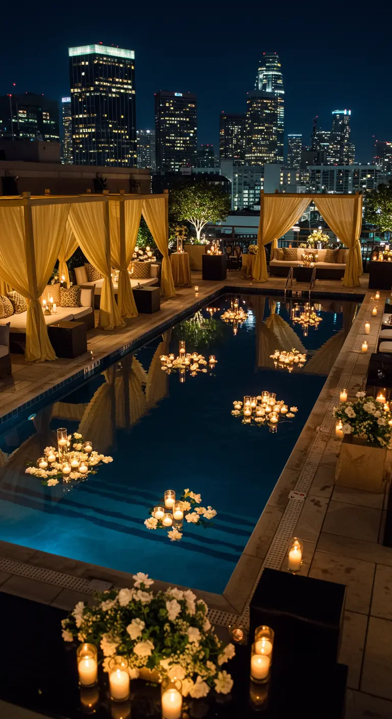 Piscine sur un toit la nuit, illuminée par des bougies flottantes.