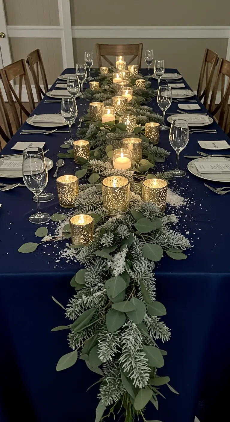 Table d'hiver avec nappe bleue, guirlande givrée et photophores dorés.