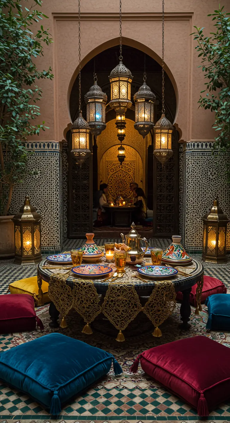 Table marocaine basse avec un chemin de table doré et des coussins en velours.