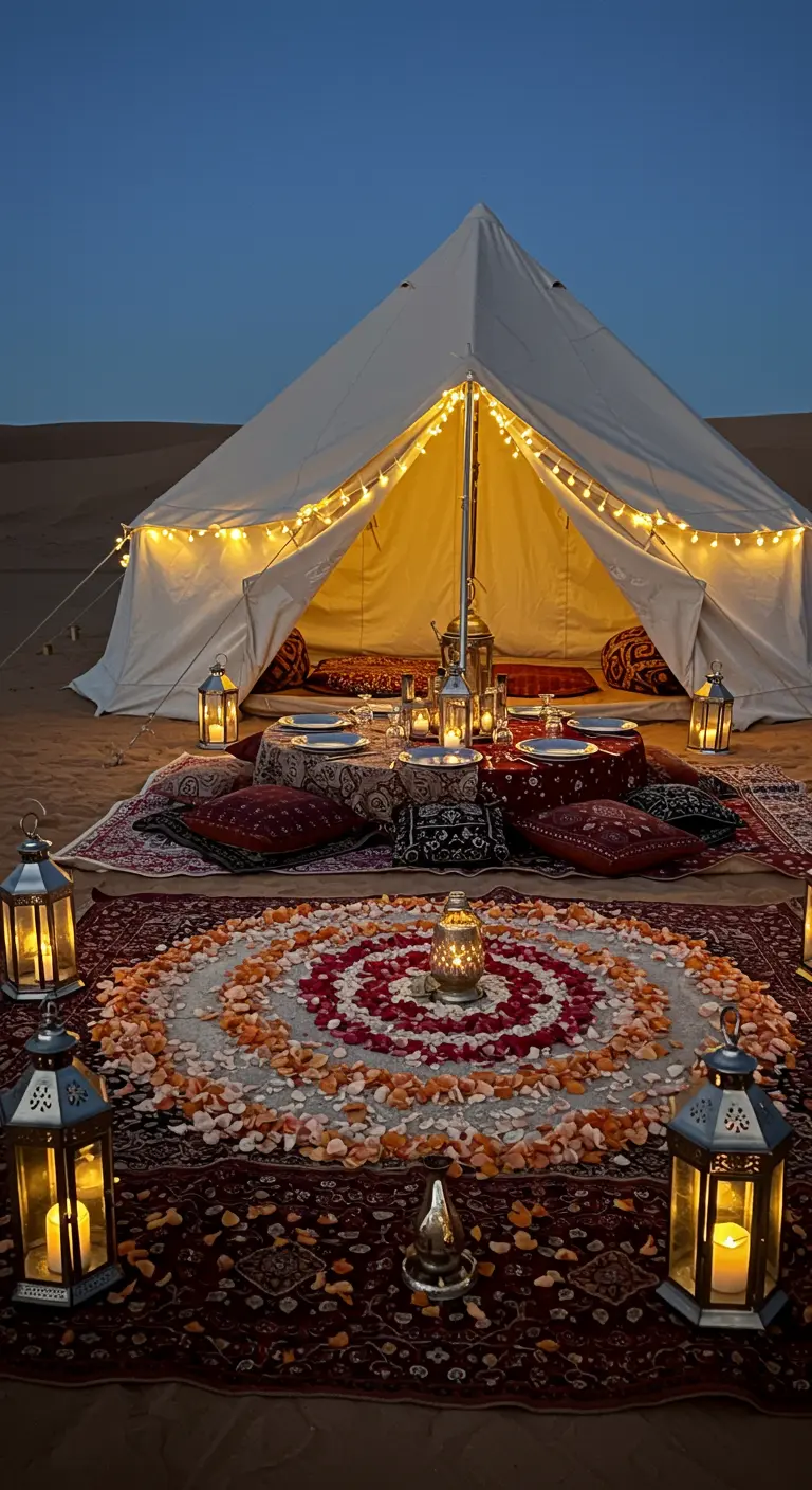 Dîner romantique devant une tente dans le désert avec un mandala de pétales.