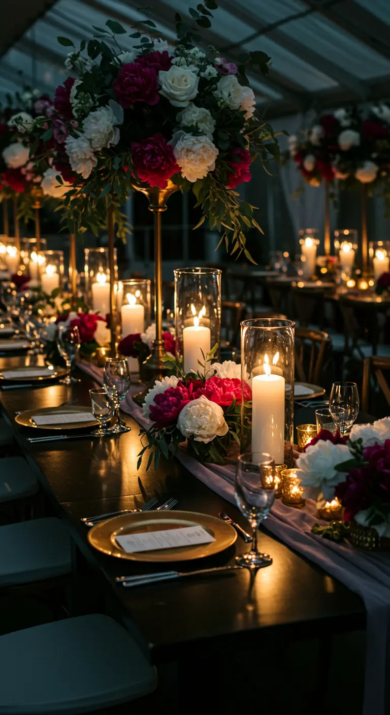 Table de mariage sombre et élégante avec pivoines fuchsia, roses blanches, chandeliers dorés et bougies.