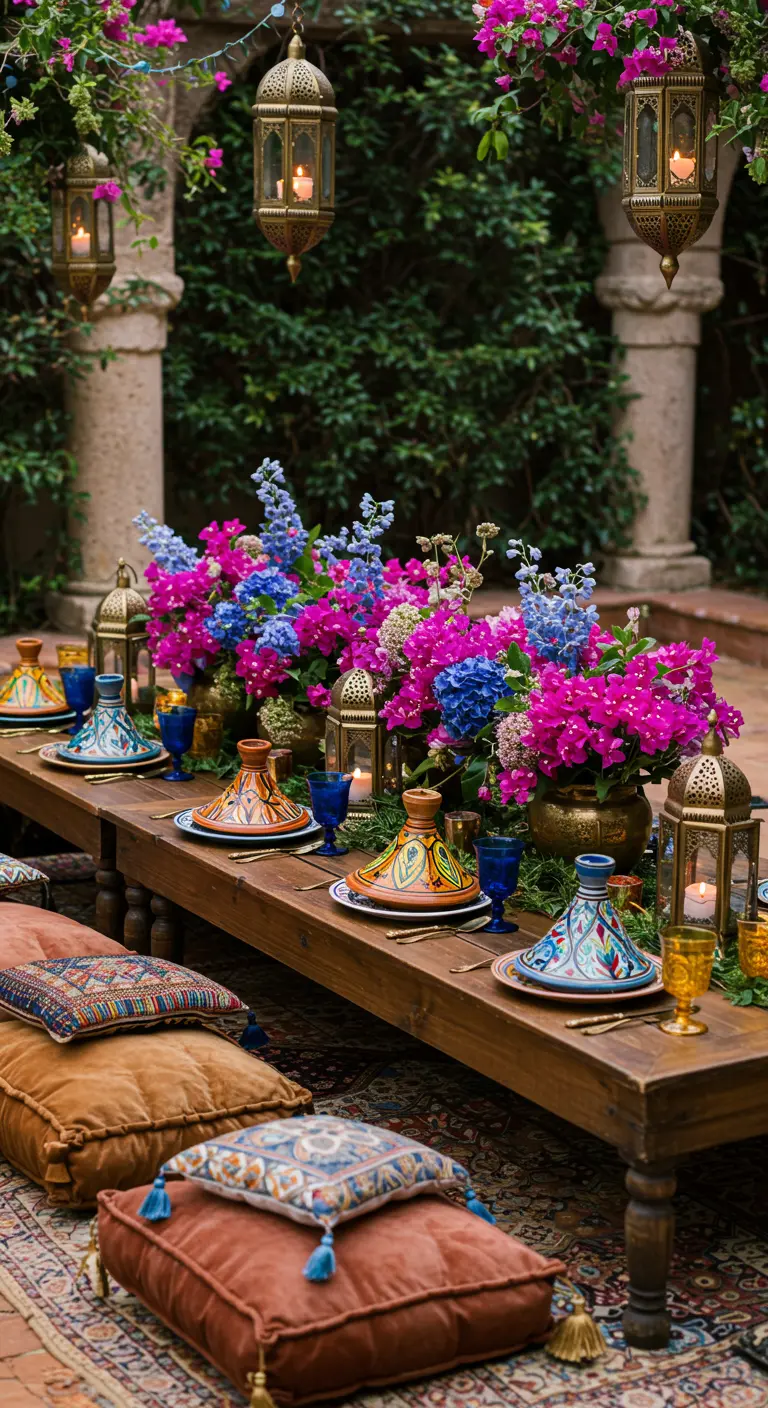 Table marocaine avec bougainvilliers, tagines et lanternes.