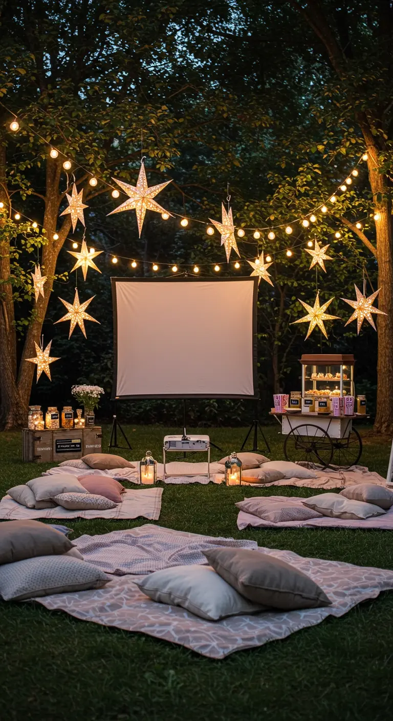 Soirée cinéma en plein air avec écran de projection, guirlandes lumineuses, étoiles en papier et coussins.