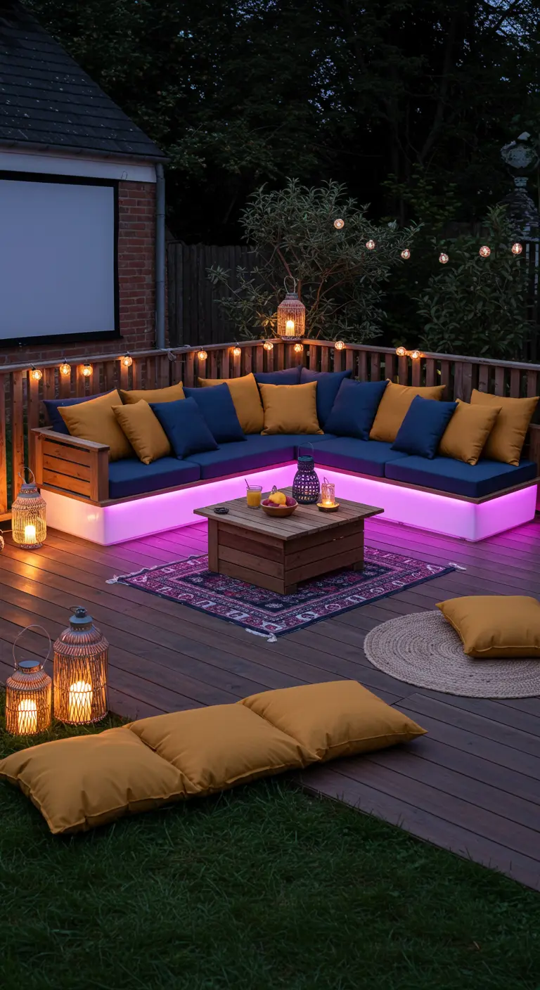 Canapé d'angle bleu et jaune avec LED violettes sur un deck, écran de projection et lanternes.