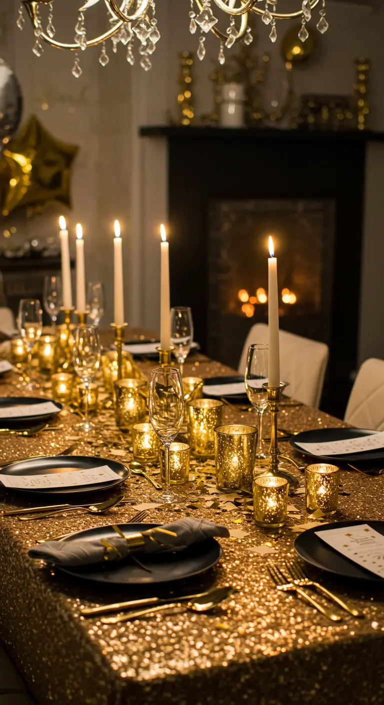 Table de réveillon avec nappe à sequins dorés, nombreuses bougies et ballons.