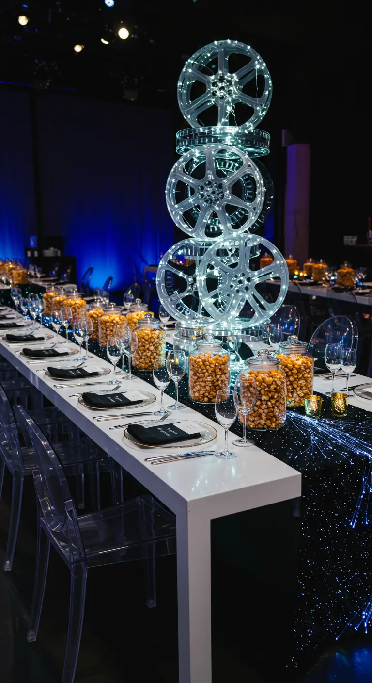 Longue table futuriste avec tour de bobines lumineuses et chemin de table à fibres optiques.