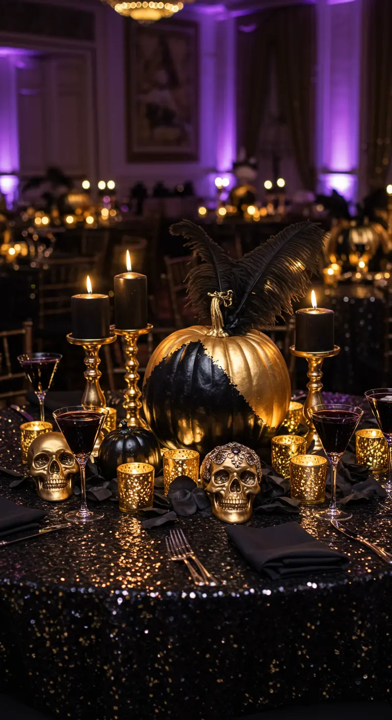 Table d'Halloween glamour avec nappe à paillettes, citrouille noire et dorée, crânes dorés