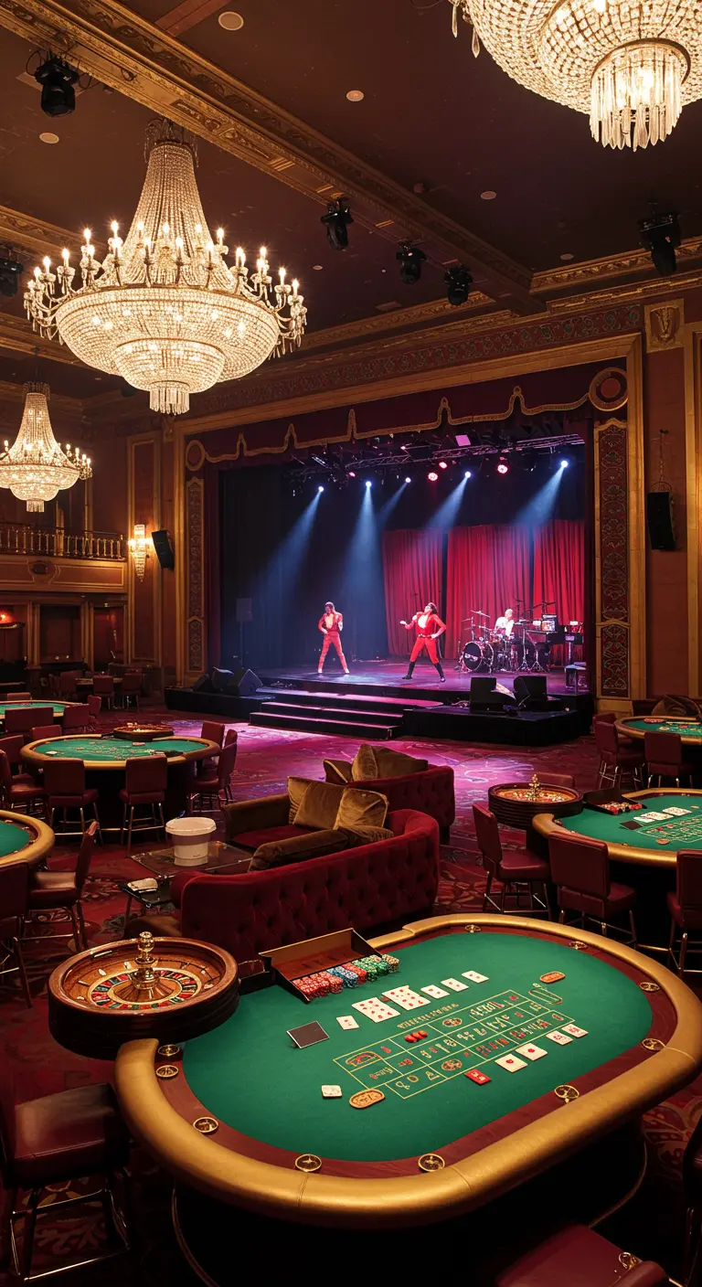 Salle de casino avec tables de poker, scène, chandeliers et artistes.
