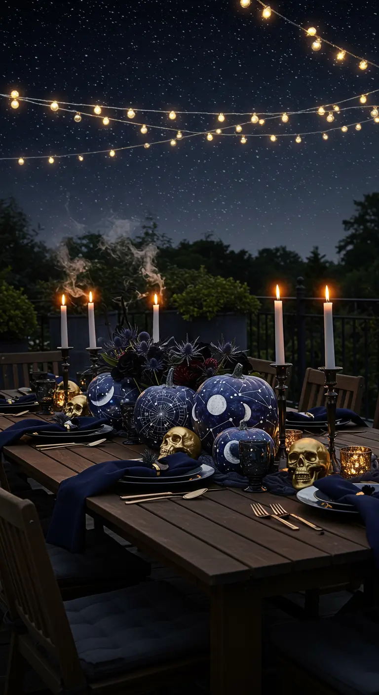 Table extérieure avec citrouilles peintes de motifs célestes, crânes dorés et guirlandes lumineuses