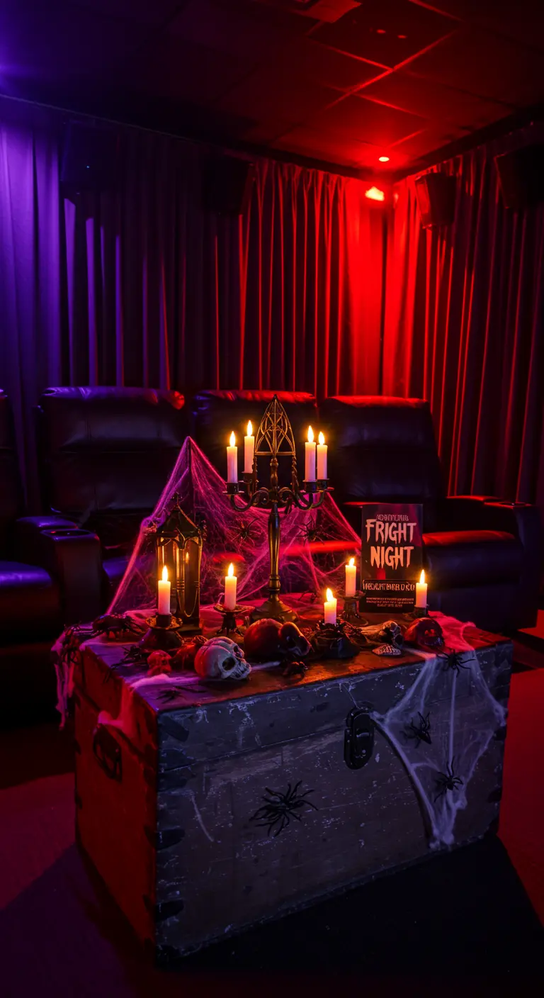 Décoration d'Halloween avec toiles d'araignées, bougies LED et crânes pour une ambiance cinéma.