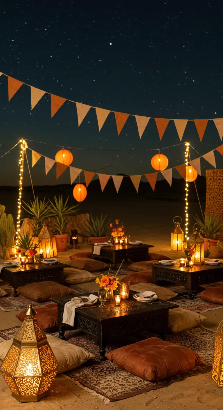 Soirée orientale dans le désert avec tables basses, coussins, lanternes ajourées et lampions oranges.