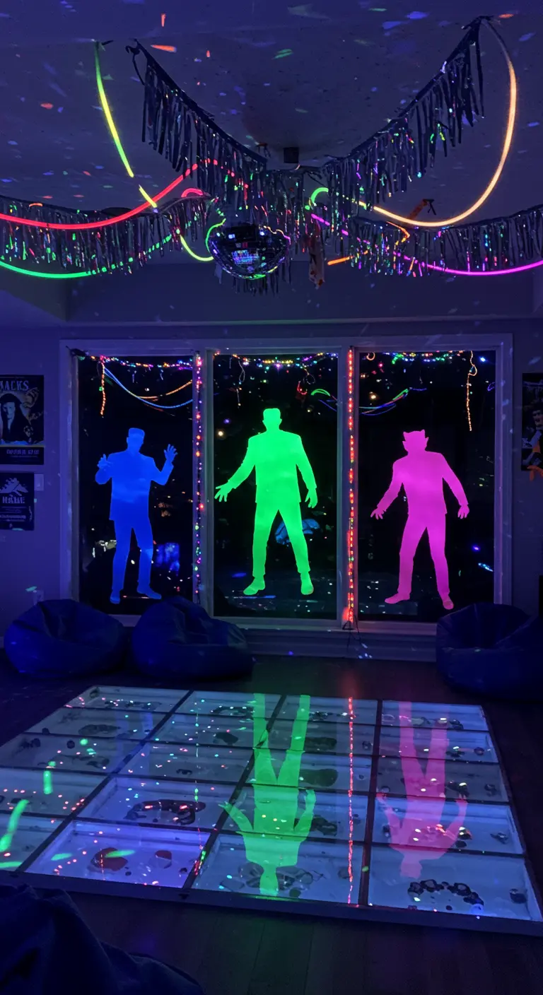 Pièce disco avec silhouettes de danseurs lumineux colorés aux fenêtres et boule à facettes.