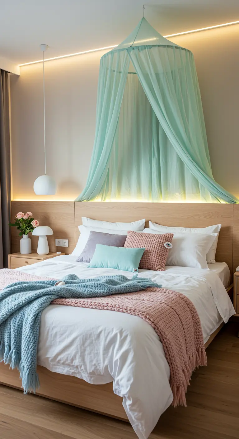 Chambre avec lit en bois, voilage menthe, plaids pastel, et éclairage LED indirect.
