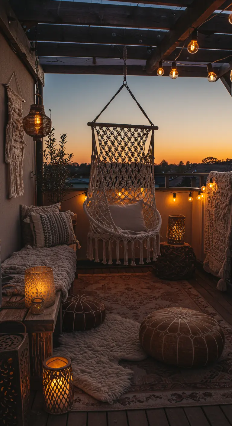 Balcon bohème la nuit avec fauteuil en macramé et beaucoup de lumières.
