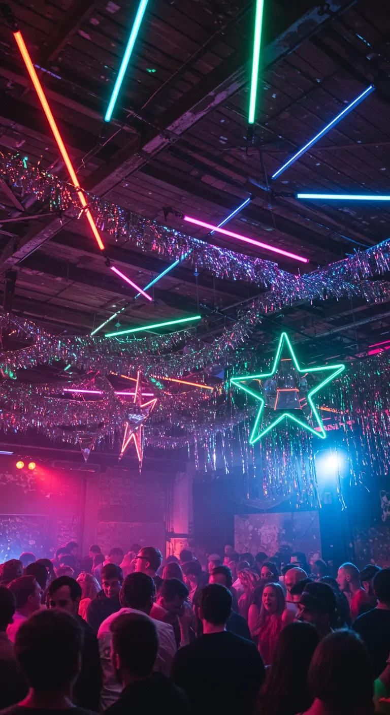 Néons colorés et étoiles fluo au plafond d'une boîte de nuit.