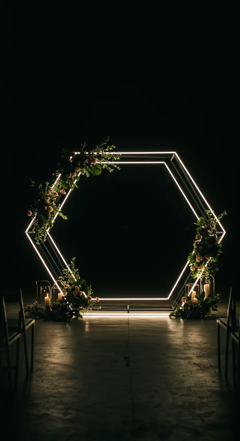 Arche hexagonale illuminée par un néon blanc dans le noir complet.