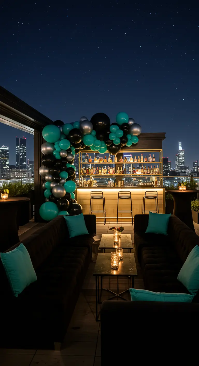 Bar sur un rooftop avec arche de ballons turquoise et noirs la nuit.