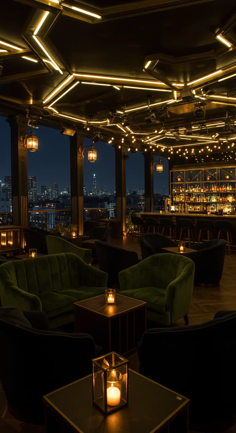 Rooftop bar de nuit avec fauteuils en velours vert, éclairage géométrique au plafond et lumières chaudes.