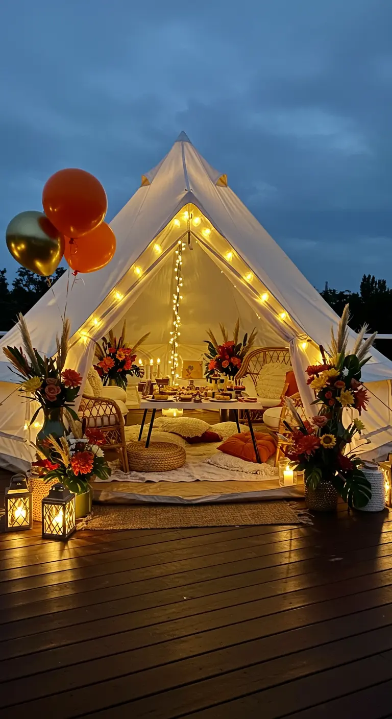 Tente de glamping illuminée avec guirlandes, coussins et arrangements floraux.