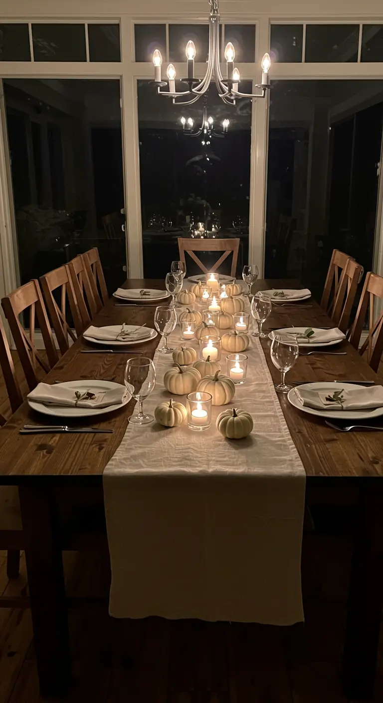 Longue table illuminée par de nombreuses bougies et des citrouilles blanches.