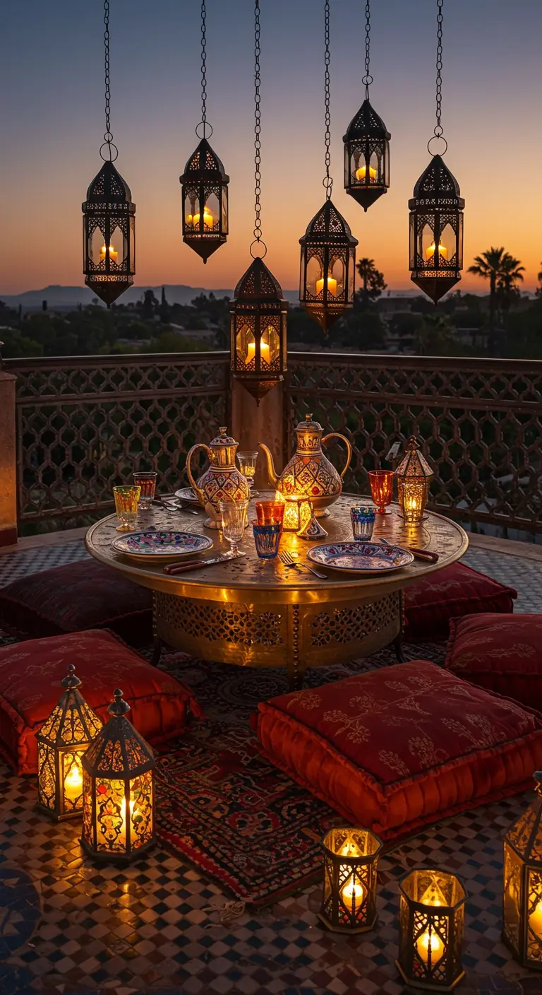 Terrasse marocaine avec table basse en laiton, coussins et lanternes suspendues.