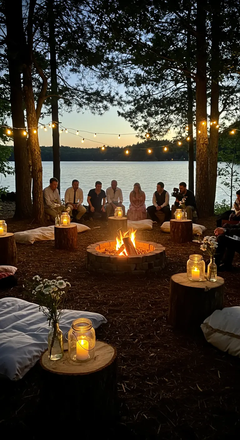 Scène nocturne au bord d'un lac, feu de camp, rondins de bois avec bougies en bocaux, guirlandes lumineuses.
