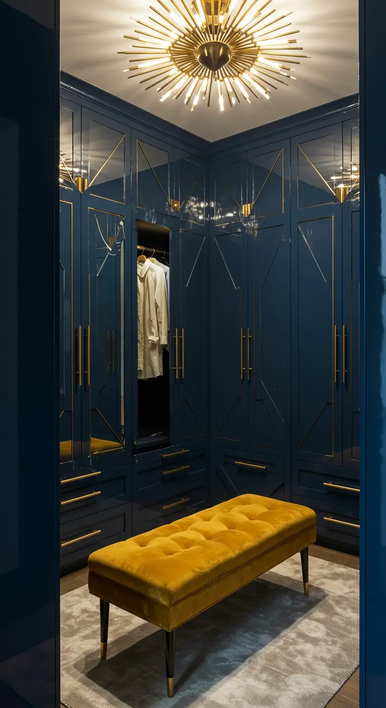 Dressing bleu marine laqué, accents dorés géométriques, banc velours jaune.