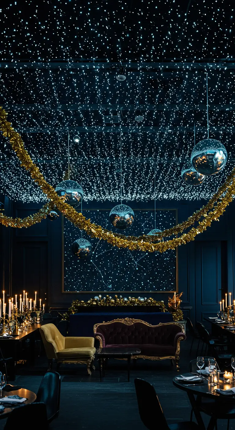 Salle de réception bleue nuit avec un plafond étoilé de lumières, guirlandes de tinsel et boules miroir.