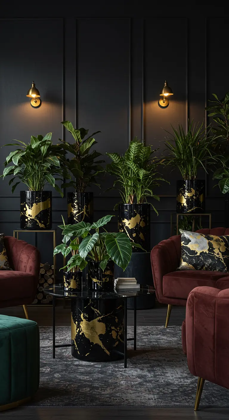 Pots de fleurs noirs et or élégants dans un salon sombre et luxueux.
