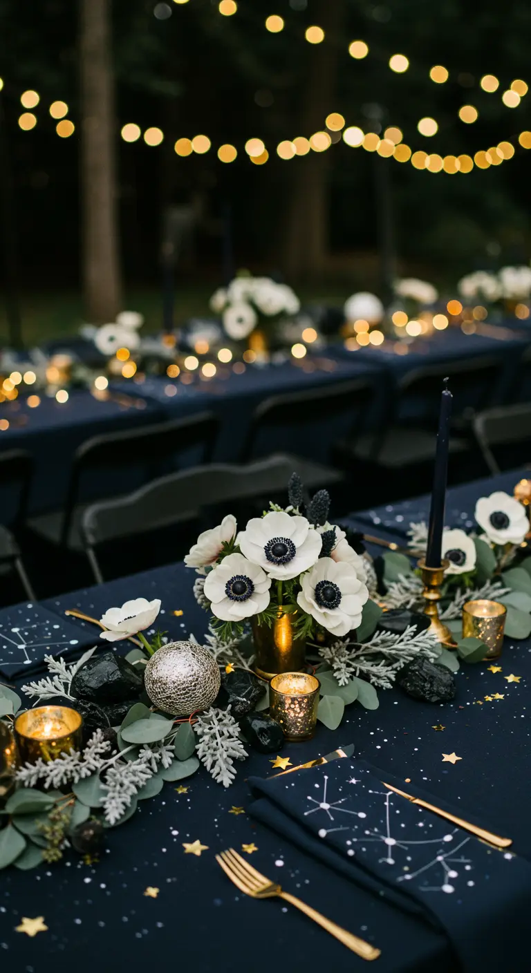 Table de fête bleu nuit avec des anémones blanches, des bougies et des motifs de constellations.