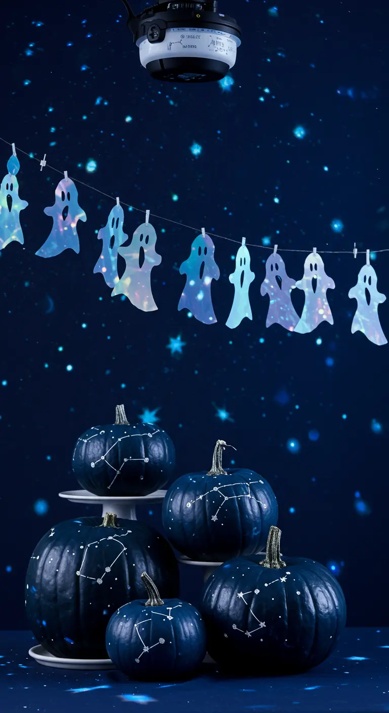 Citrouilles bleu nuit peintes avec des constellations et une guirlande de fantômes.