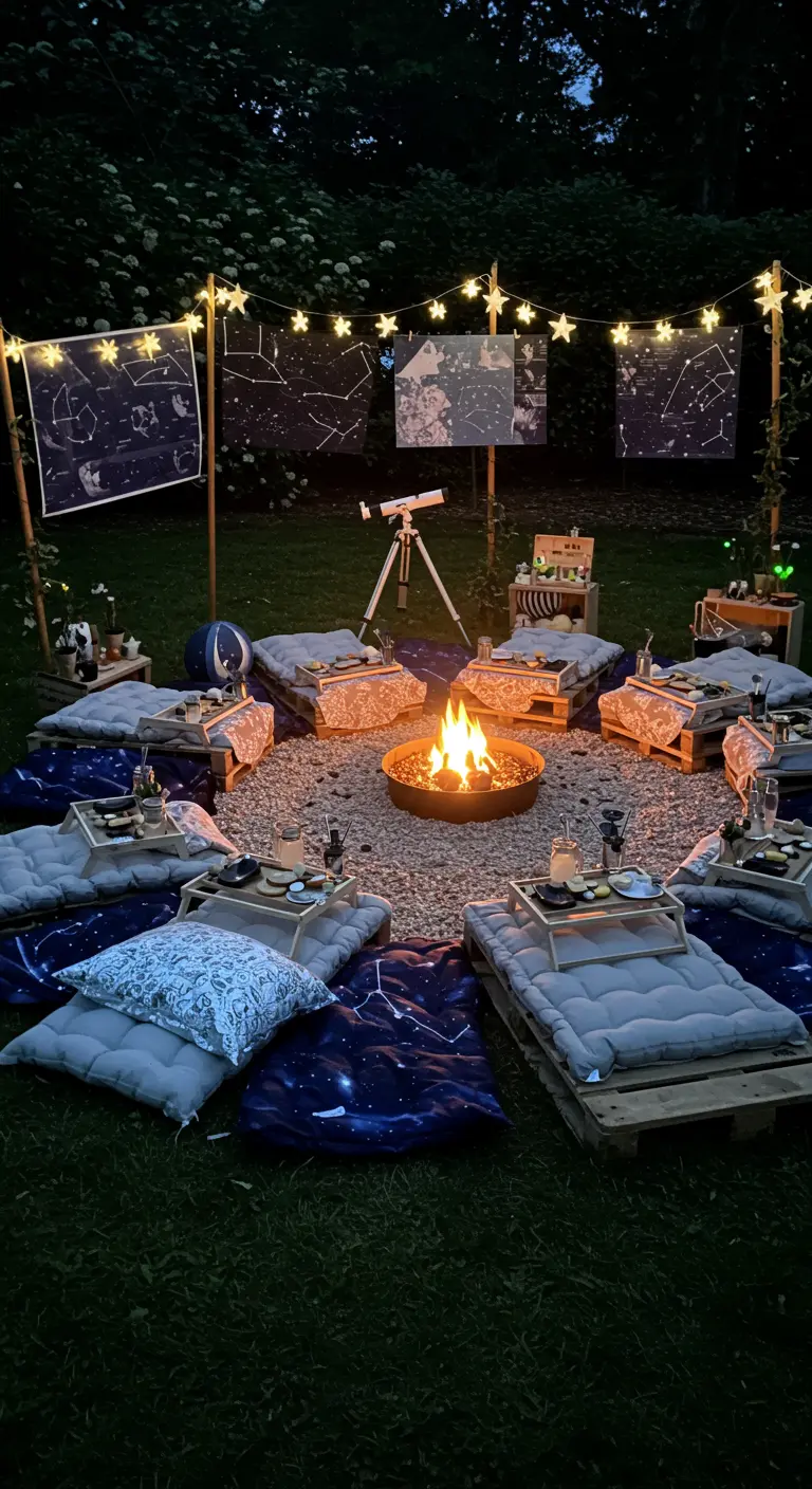 Soirée d'anniversaire sous les étoiles avec brasero, cartes du ciel et lits de palettes.