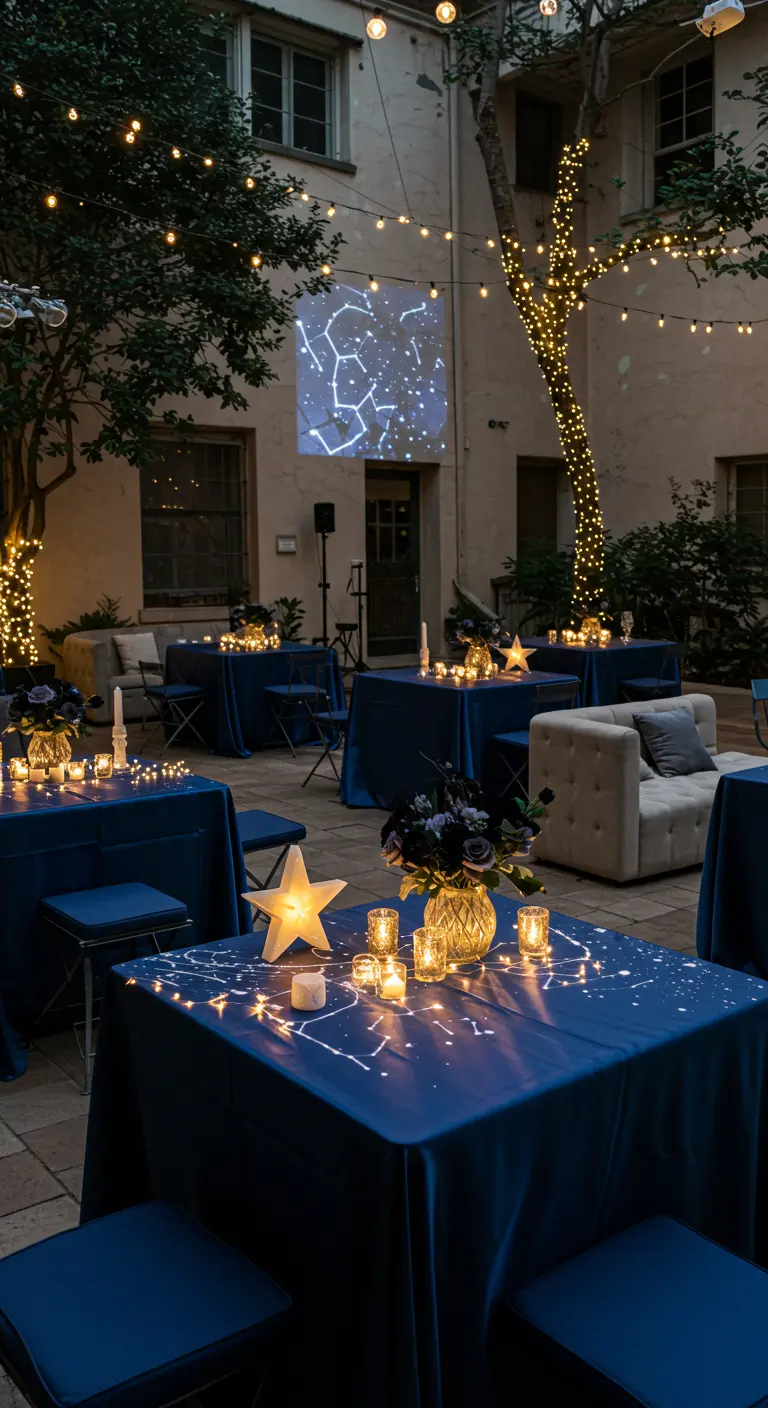 Cour extérieure illuminée, tables bleues avec étoiles et projections de constellations.