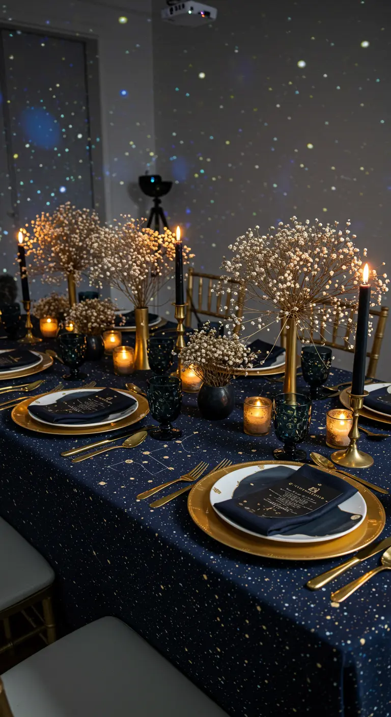Table de fête sur le thème des étoiles avec une nappe constellée et des bouquets de gypsophile.