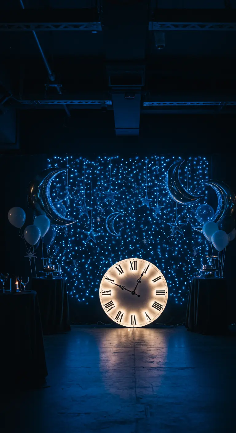 Horloge lumineuse devant un mur de lumières bleues étoilées et des ballons lunes.