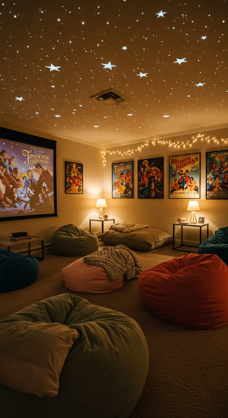 Salle de projection avec un ciel étoilé projeté au plafond et des coussins au sol.