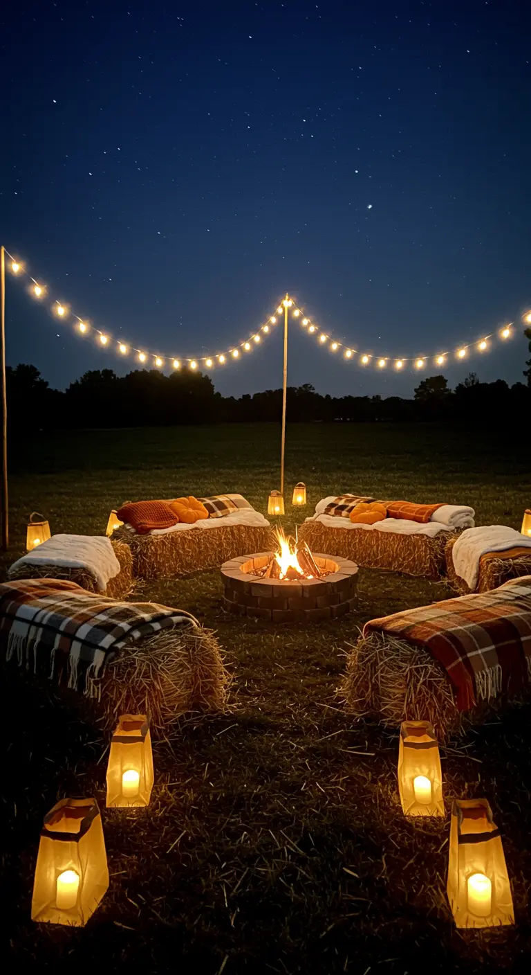 Rassemblement autour d'un feu de camp avec bottes de foin, plaids et guirlandes lumineuses.