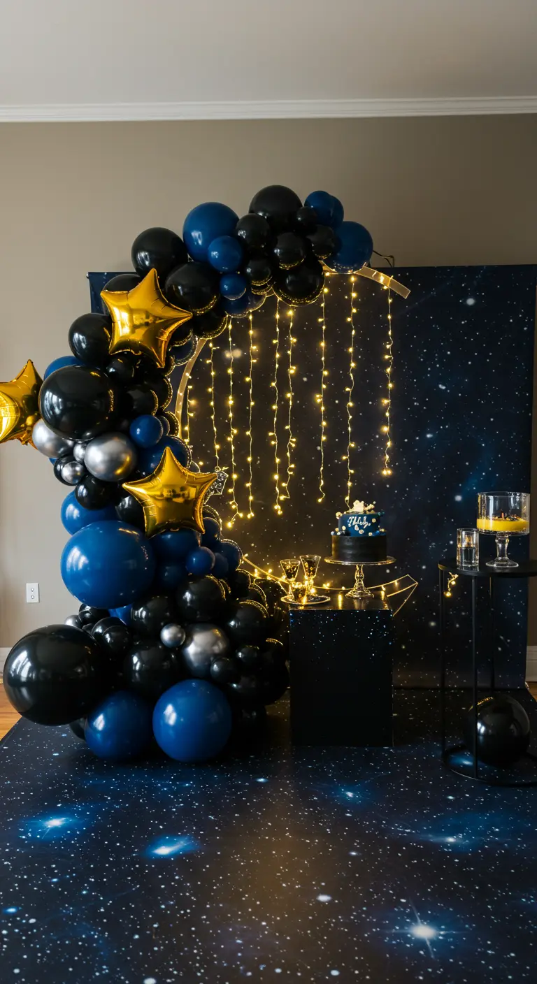 Arche de ballons bleus, noirs et argentés avec un fond galactique et des lumières.