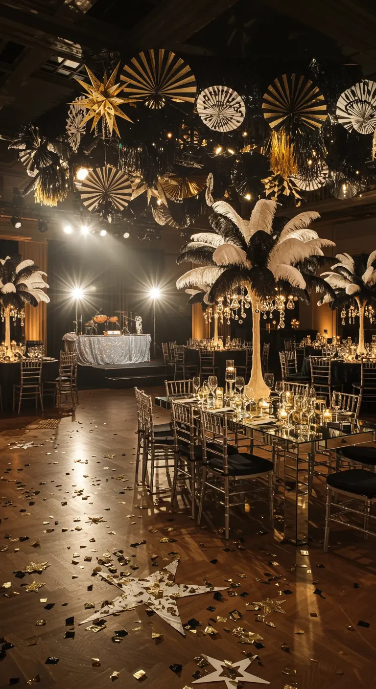 Salle de réception noire et or avec éventails géants, plumes et confettis étoiles.