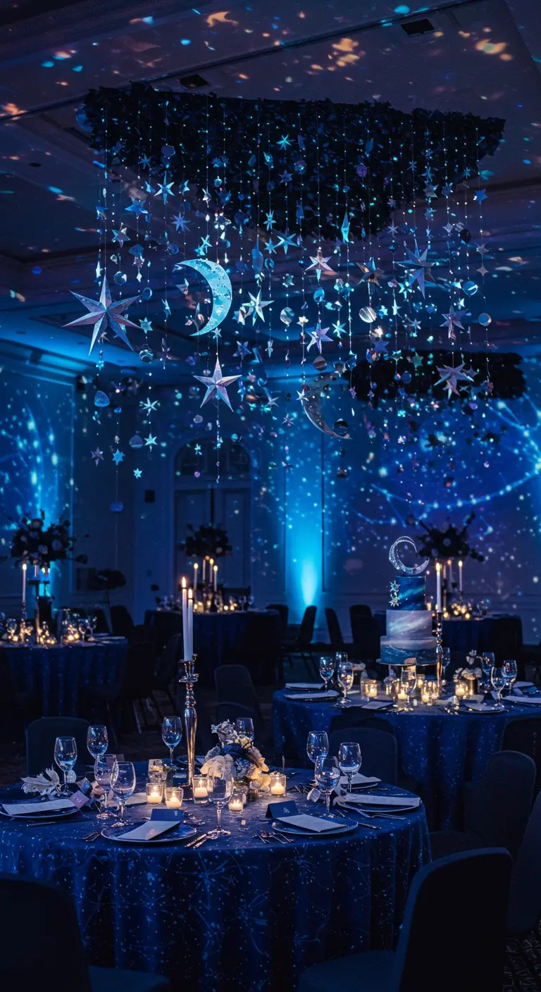 Guirlandes d'étoiles et de lunes suspendues pour une décoration cosmique de fête.