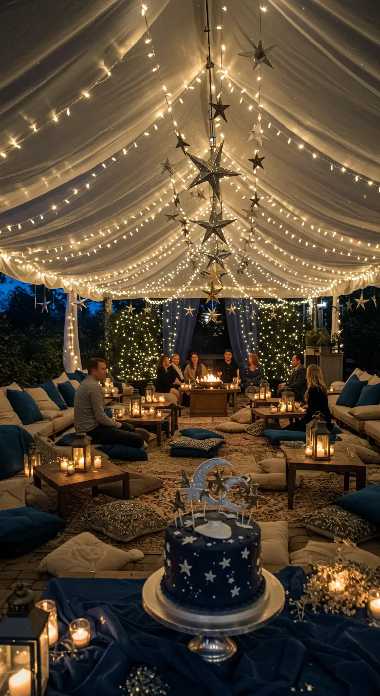 Tente de réception décorée de guirlandes étoilées, coussins bleus et blancs, foyer central.