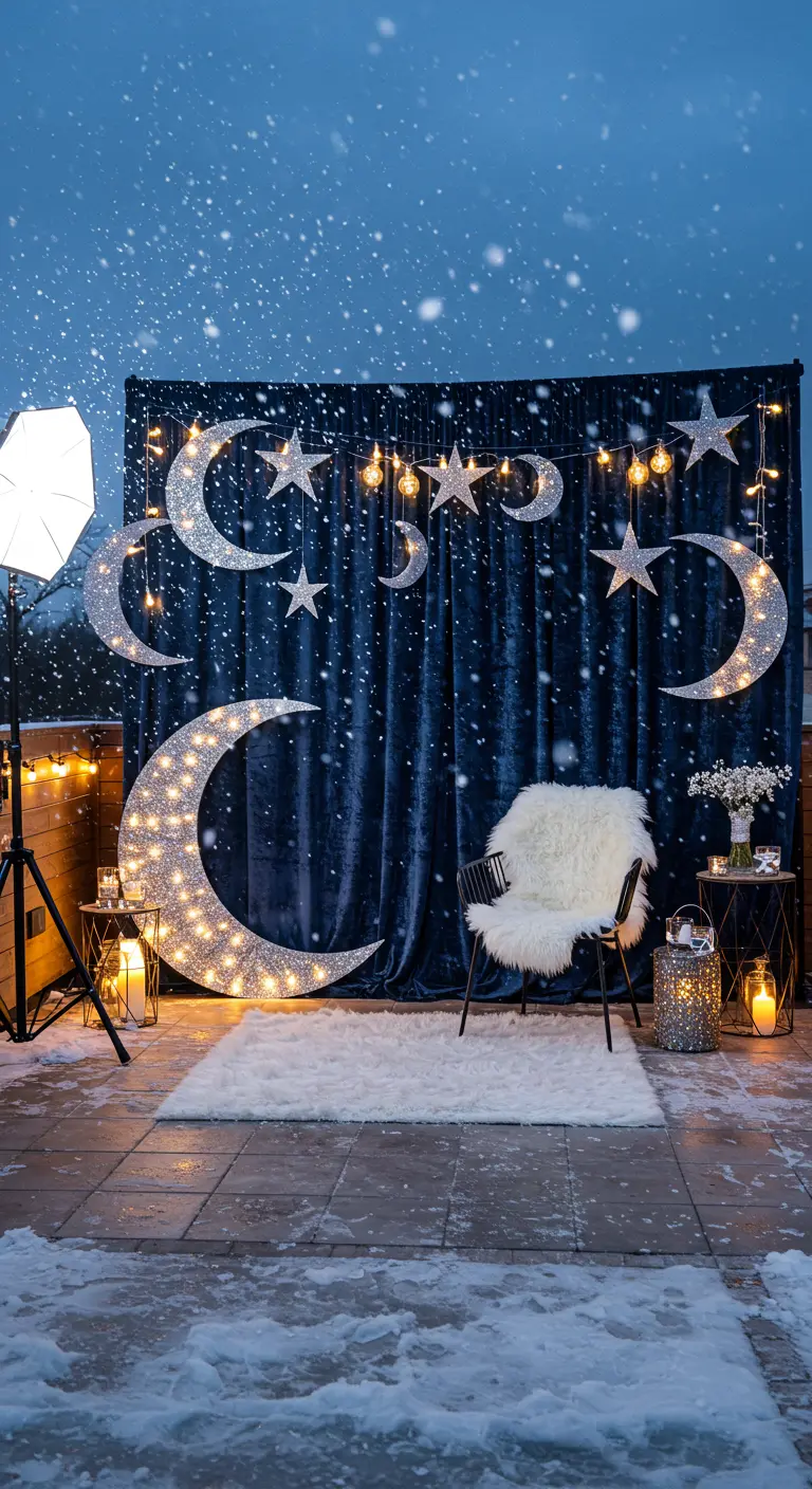 Photobooth hivernal avec rideau bleu, lunes/étoiles lumineuses, fauteuil en fausse fourrure et neige.