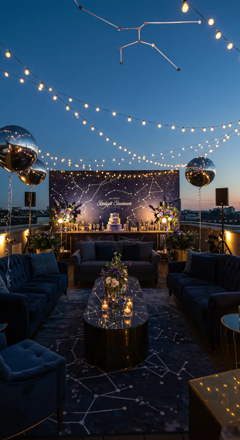 Terrasse de toit avec thème céleste, tapis constellations et guirlandes lumineuses.
