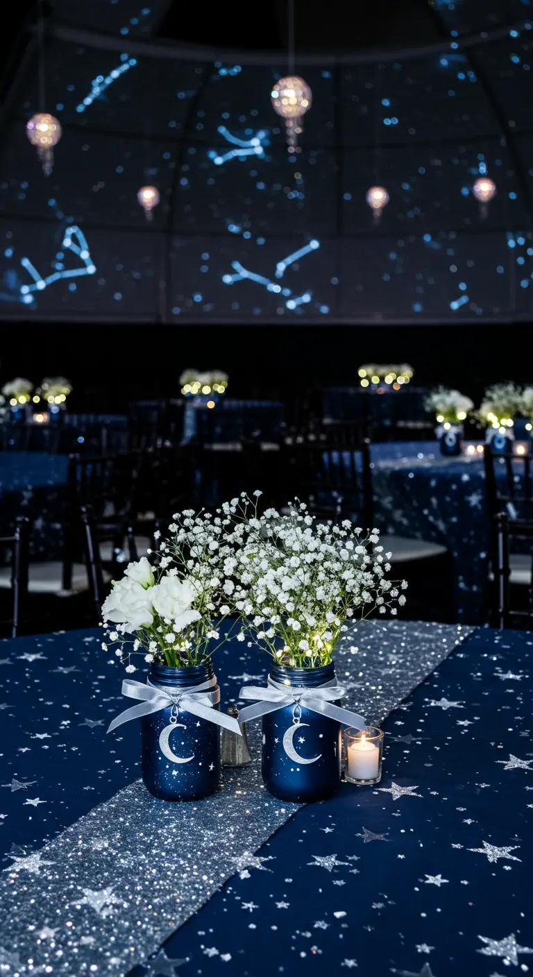 Centres de table bleus avec motifs lune et étoiles, garnis de gypsophile, sous un plafond étoilé.