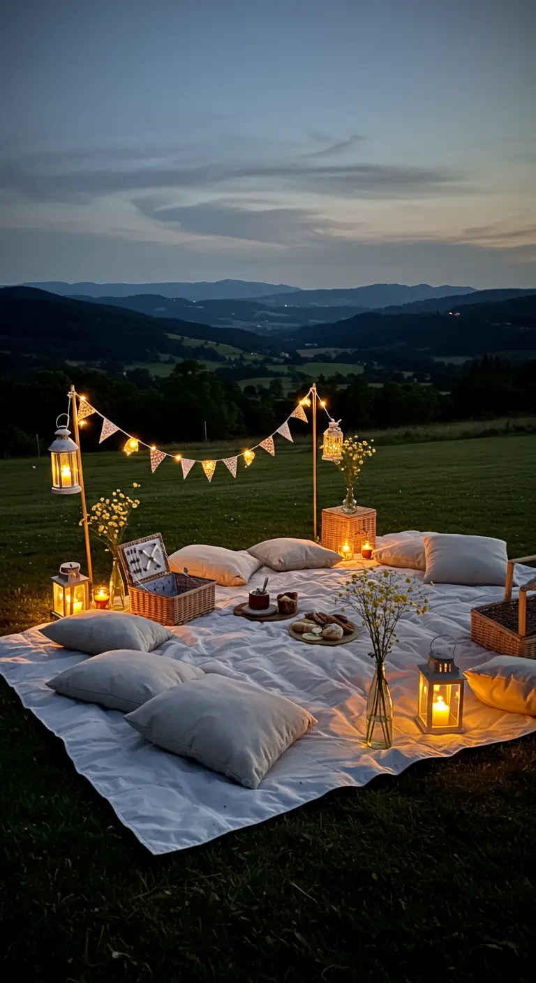 Pique-nique nocturne avec couverture blanche, coussins, lanternes, guirlande de fanions lumineuse sous un ciel étoilé.