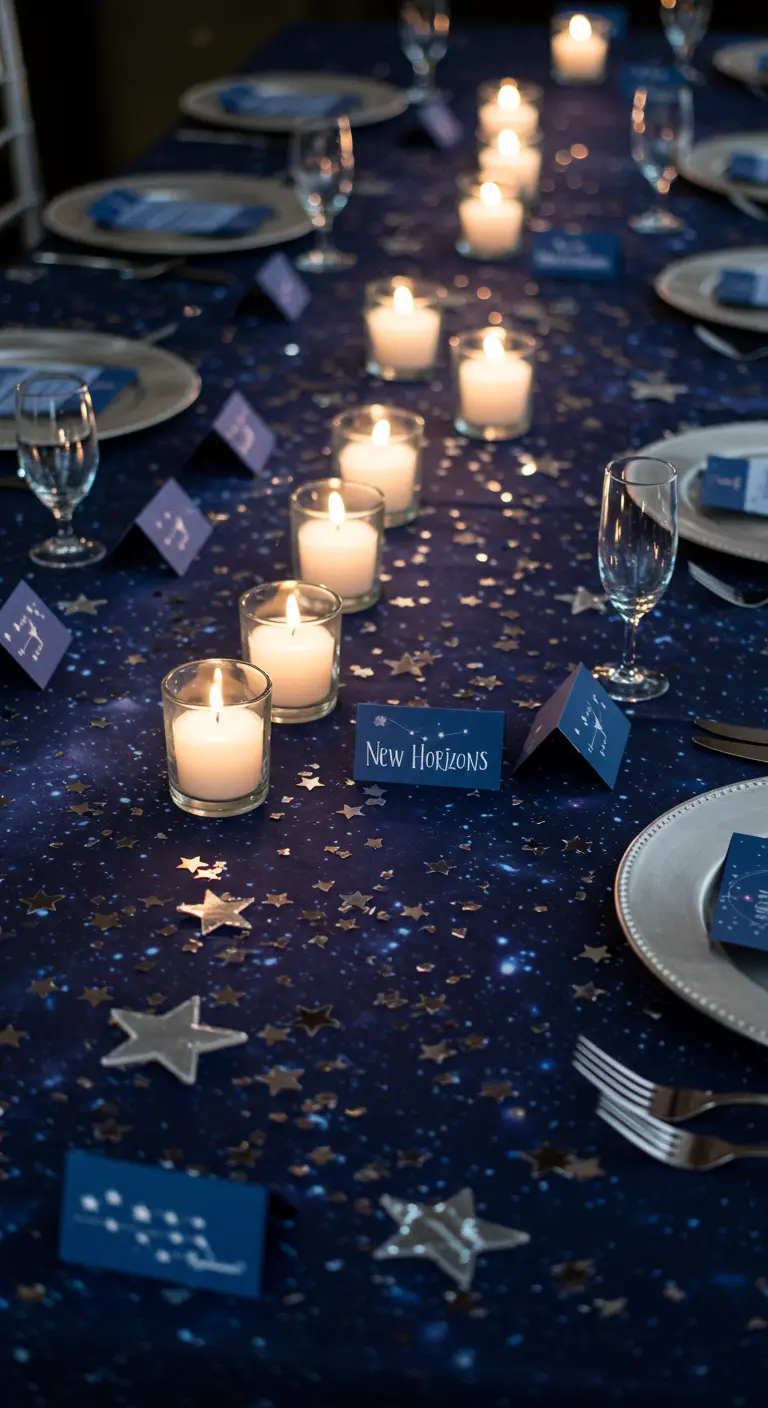 Table de fête bleu nuit avec des confettis étoiles et de nombreuses petites bougies.