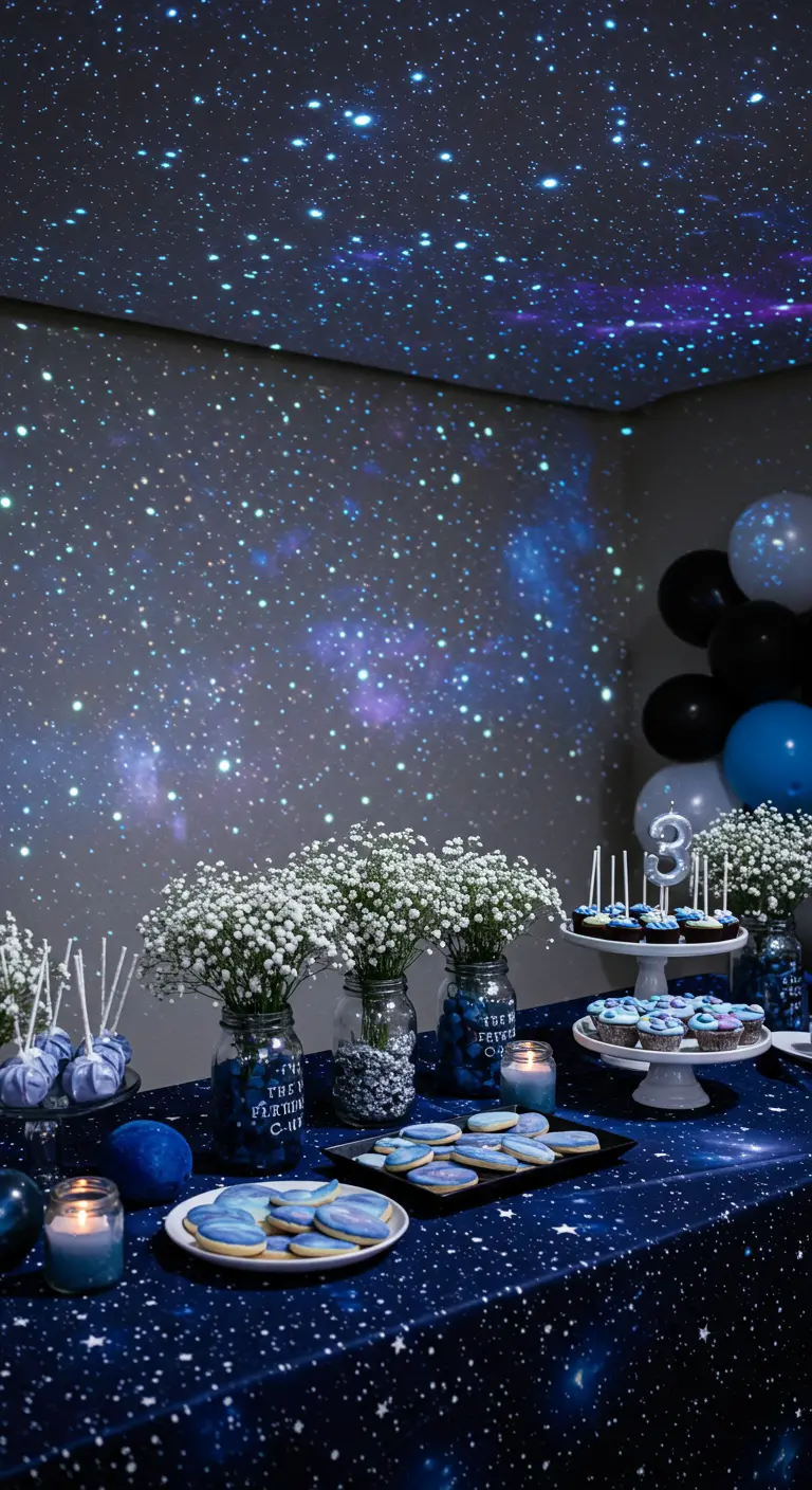 Buffet thème galaxie avec un projecteur d'étoiles et des bocaux bleus avec des fleurs blanches.