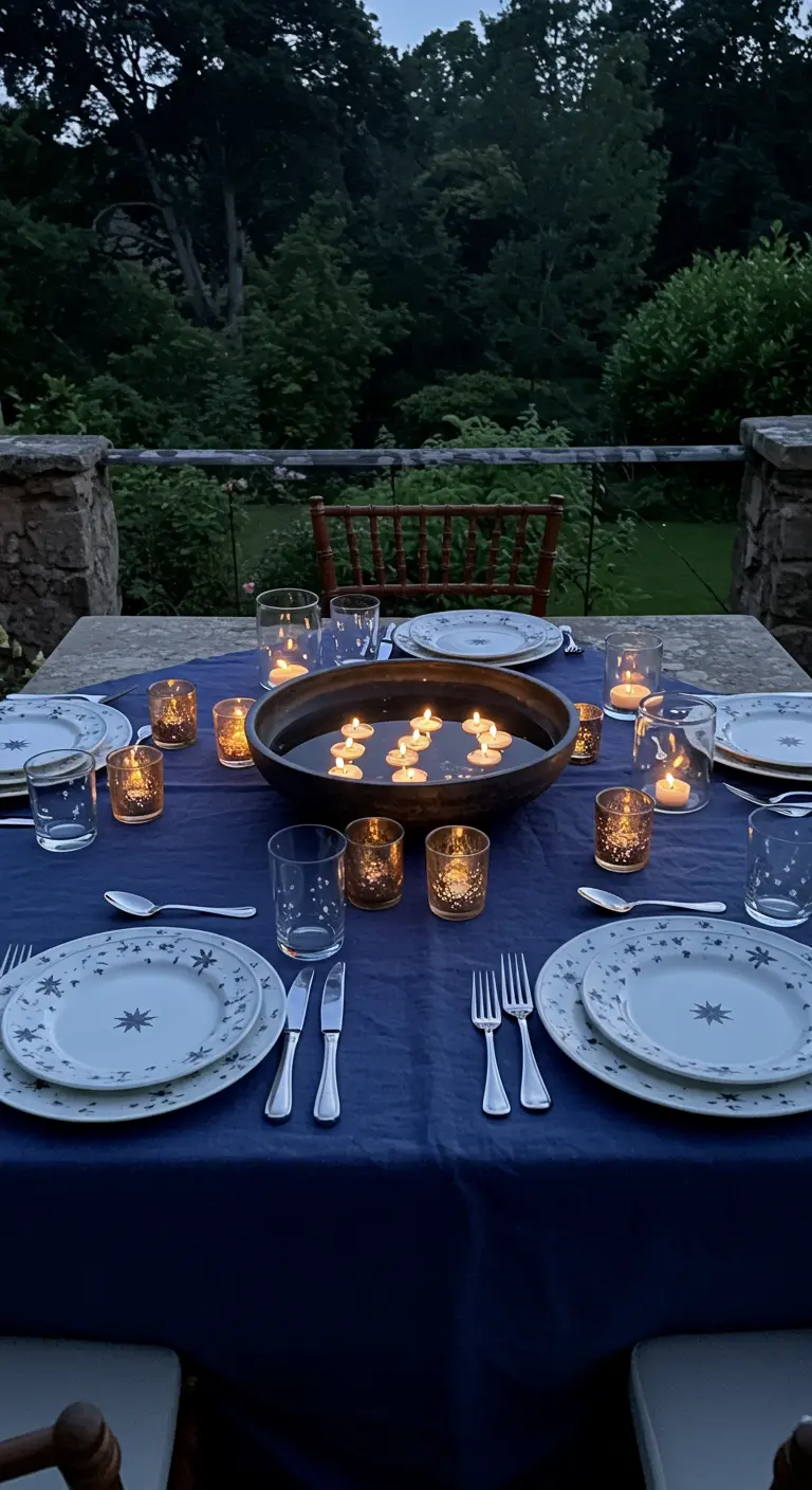 Nappe bleue foncée, vaisselle étoiles, bol avec bougies flottantes, petits photophores.