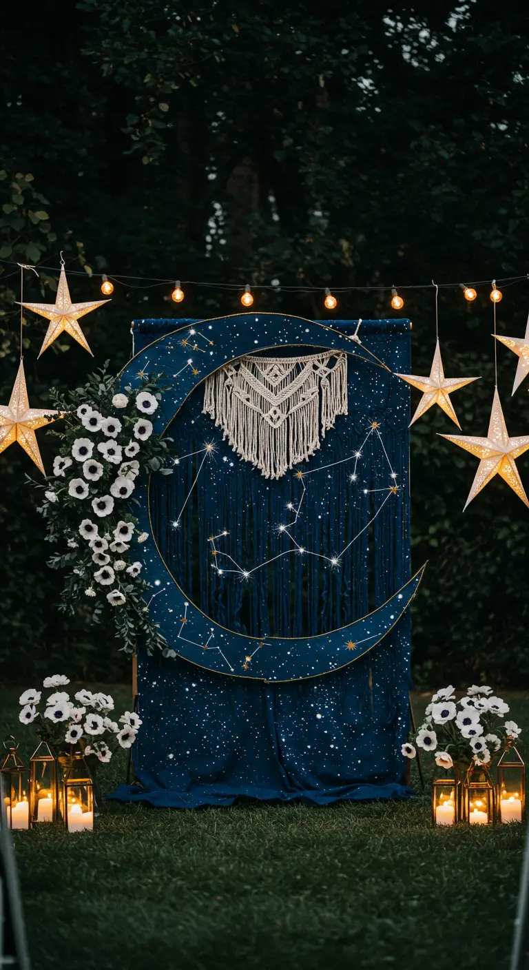 Décor de mariage nocturne avec lune, étoiles, macramé et fleurs blanches.