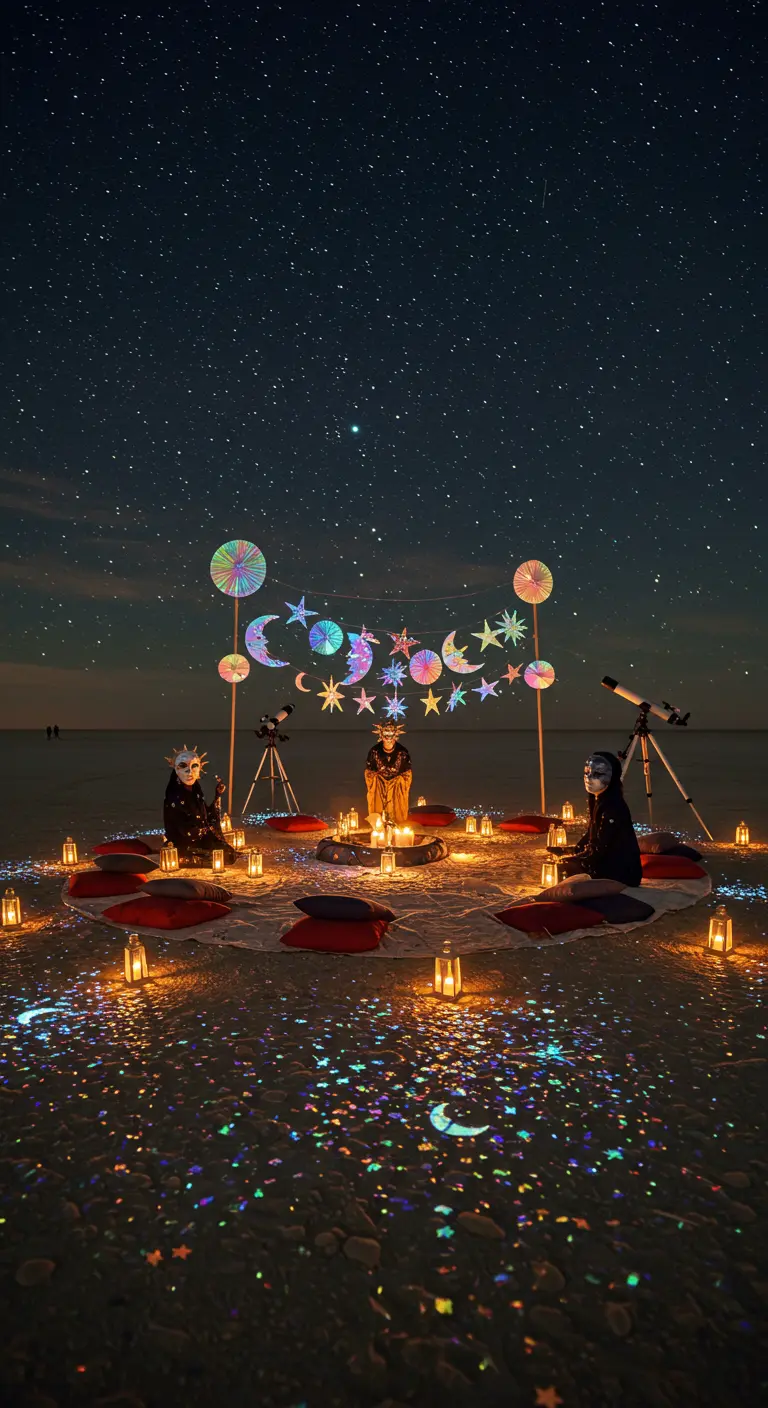 Scène de nuit sous les étoiles avec personnes masquées, lanternes et projections lumineuses.